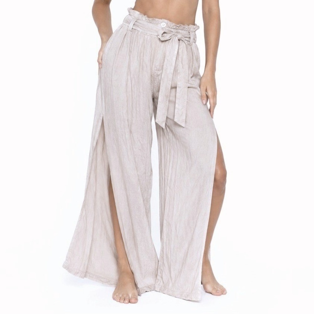 Husufi Freeside Slit Yoga Pants Womens M-L Beige Tie Waist Boho Sustainable